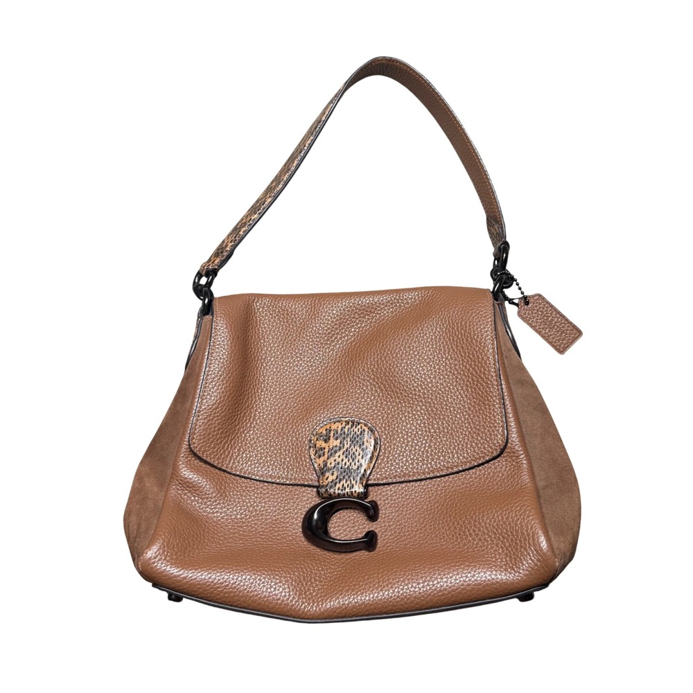 Coach Pebbled Leather Flap Shoulder Bag Tan Python Trim Gunmetal Style 4612